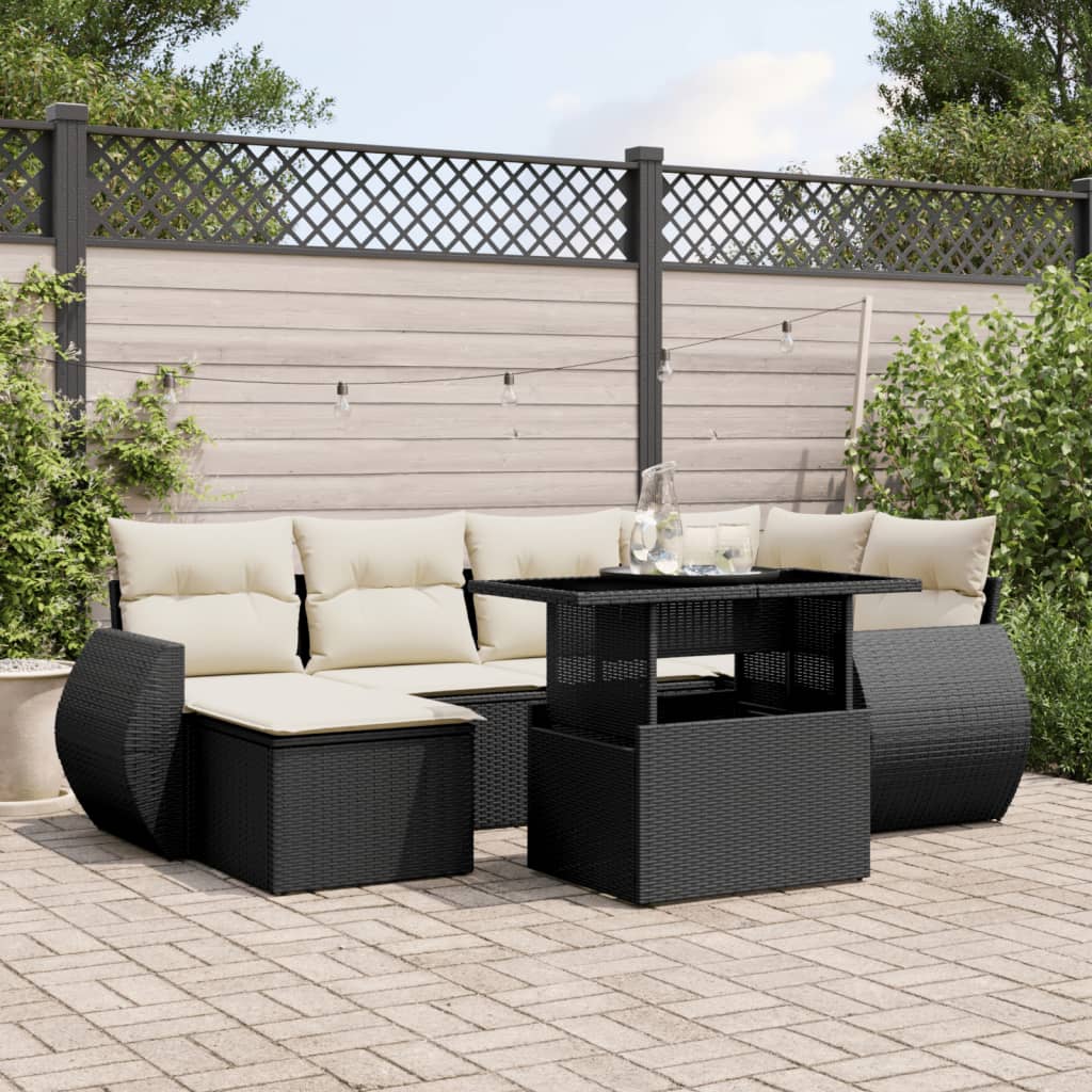 vidaXL 7-tlg. Garten-Sofagarnitur mit Kissen Schwarz Poly Rattan