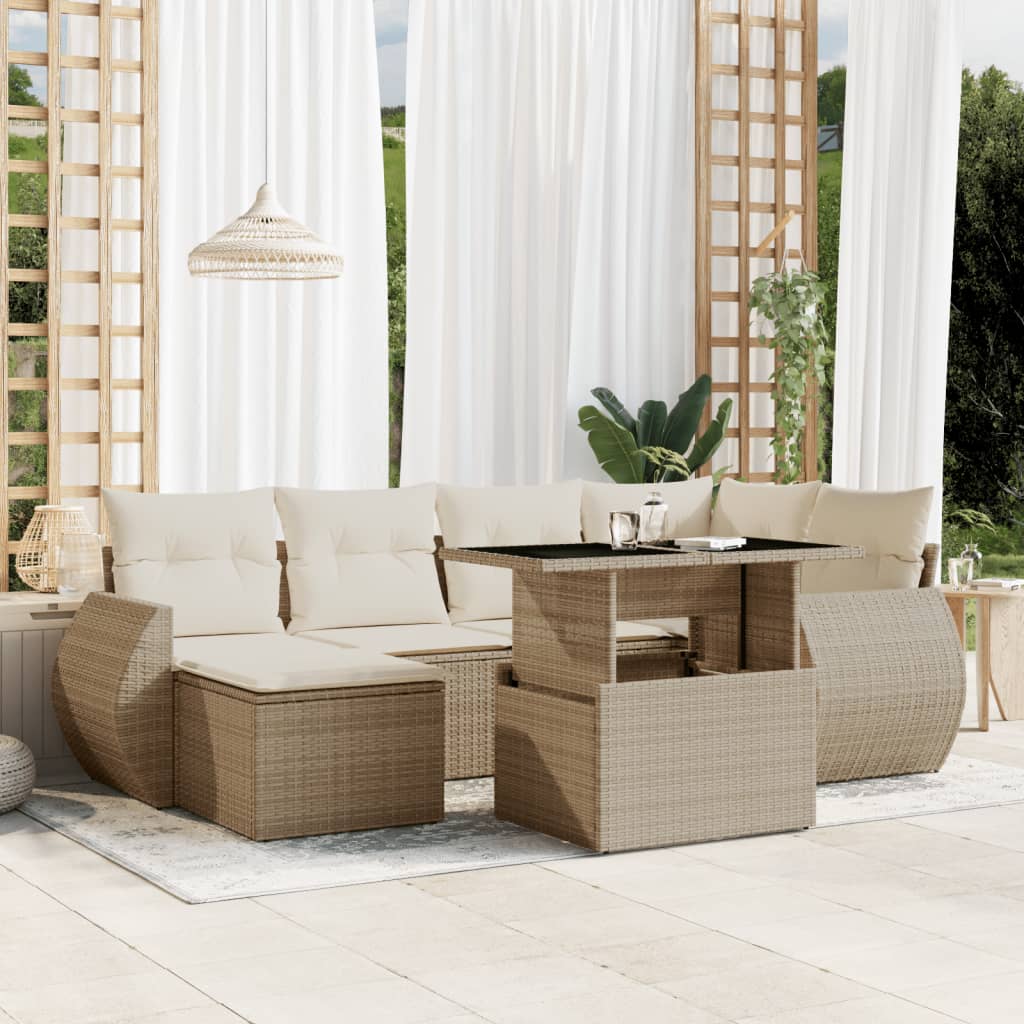 vidaXL 7-tlg. Garten-Sofagarnitur mit Kissen Beige Poly Rattan