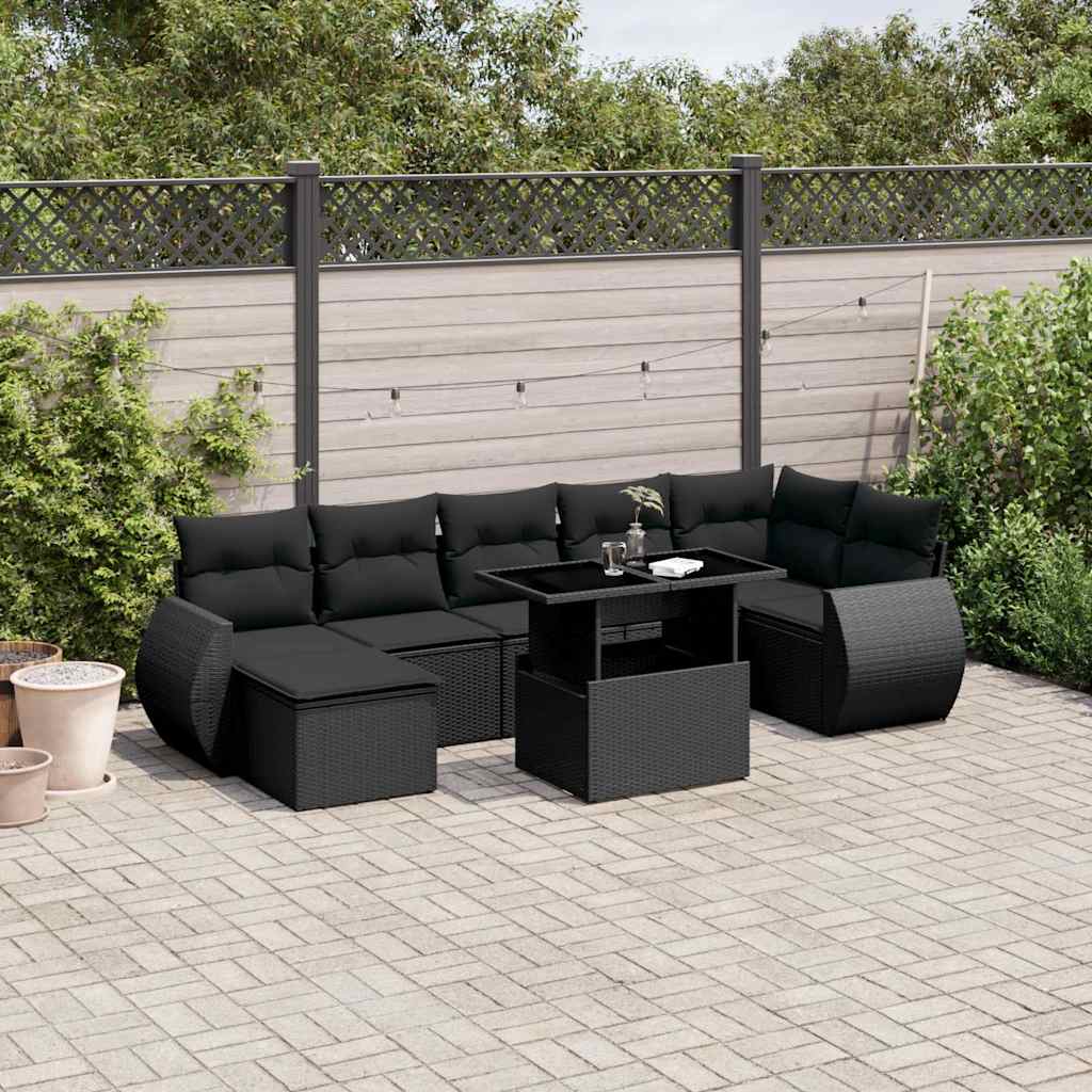 vidaXL 8-tlg. Garten-Sofagarnitur mit Kissen Schwarz Poly Rattan