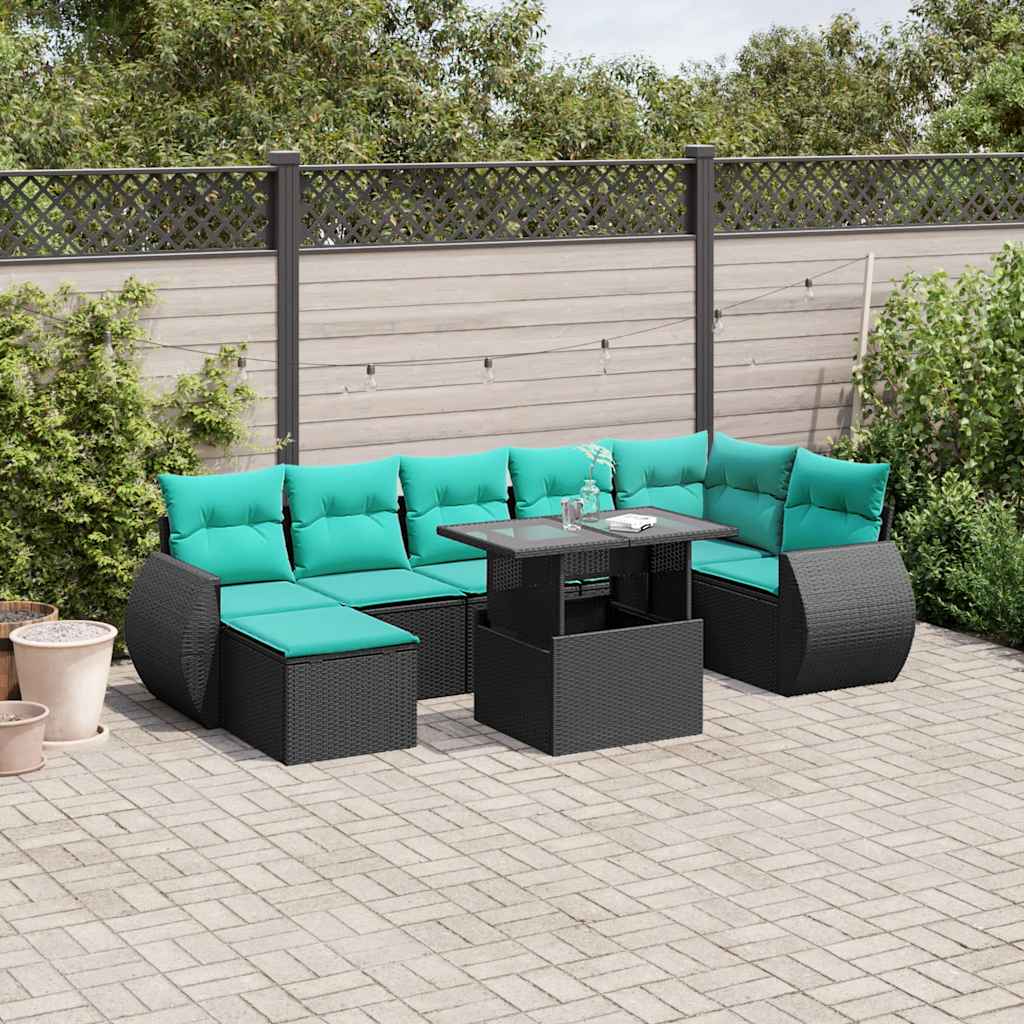8 Piece Patio Sofa Set with Cushions Black Poly Rattan