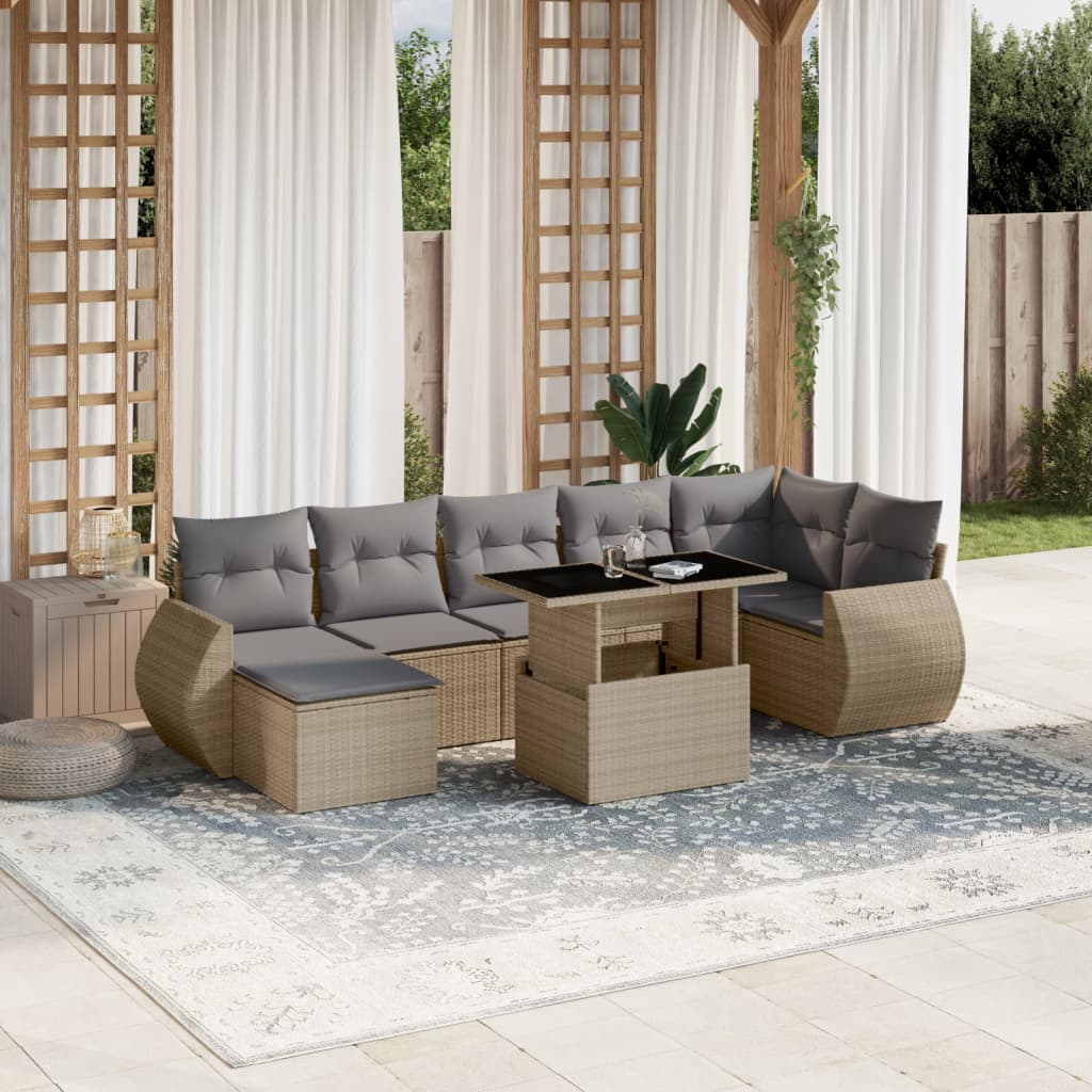 8-tlg. Garten-Sofagarnitur mit Kissen Beige Poly Rattan