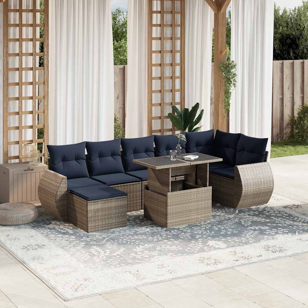 Havesofasæt i grå polyrattan med 8 marineblå hynder - modulært loungesæt med hæve/sænke-bord