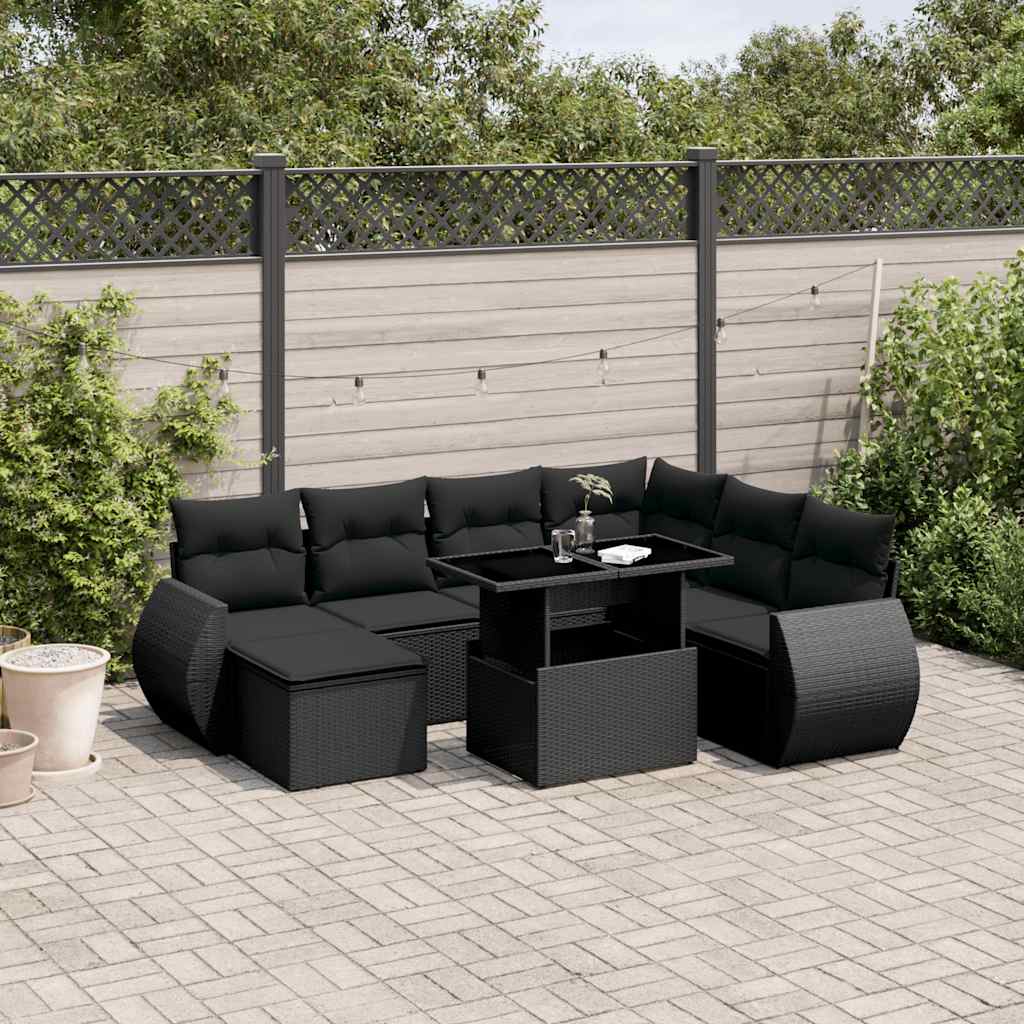 vidaXL 8-tlg. Garten-Sofagarnitur mit Kissen Schwarz Poly Rattan