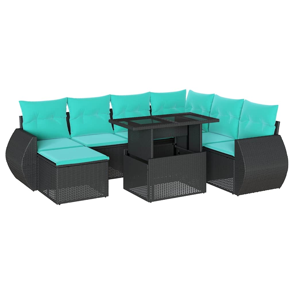 8-teiliges Gartensofa-Set mit Kissen, schwarzes Polyrattan – Ansicht 2