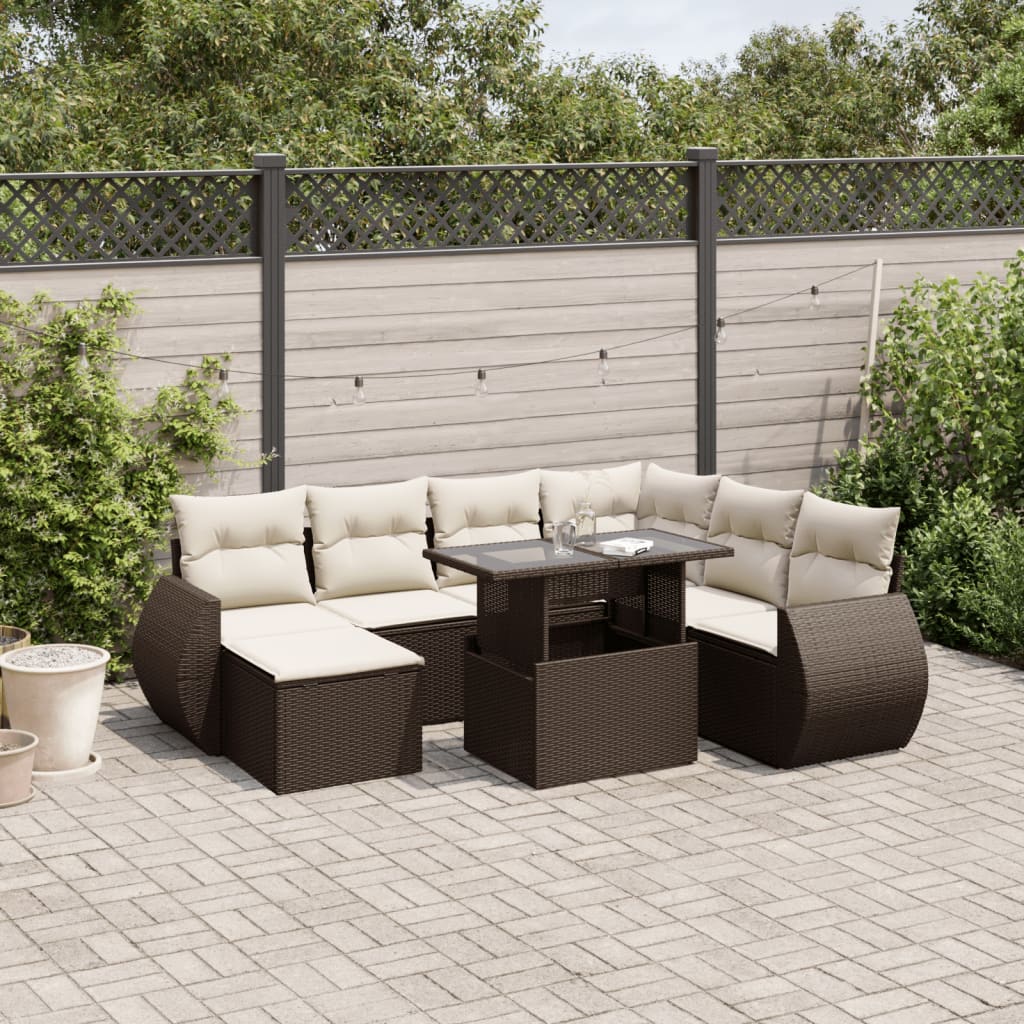 8-tlg. Garten-Sofagarnitur mit Kissen Braun Poly Rattan