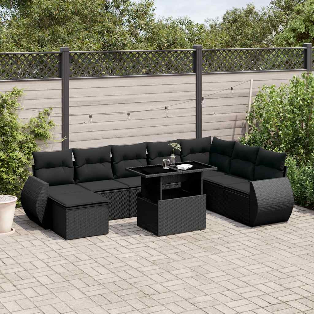 vidaXL Set mobilier de grădină cu perne, 9 piese, negru, poliratan