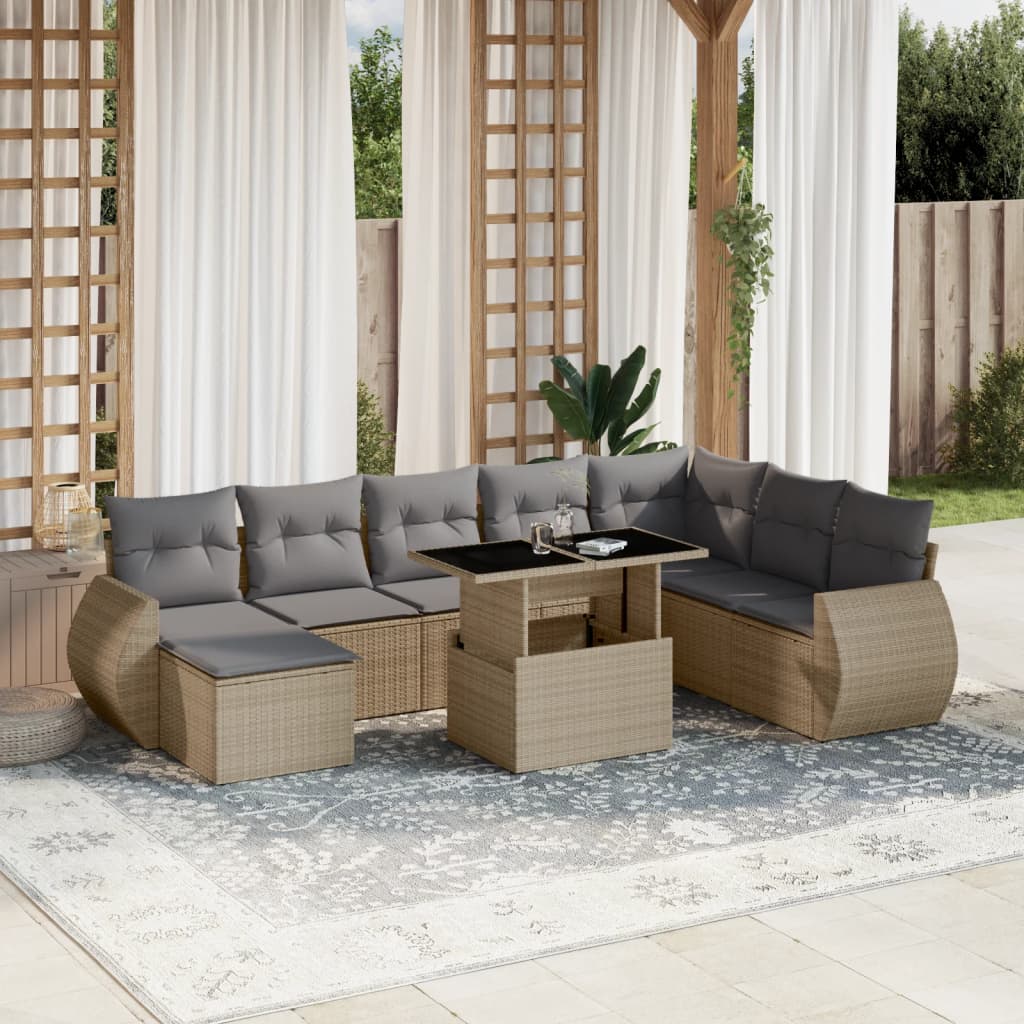 vidaXL 9-tlg. Garten-Sofagarnitur mit Kissen Beige Poly Rattan