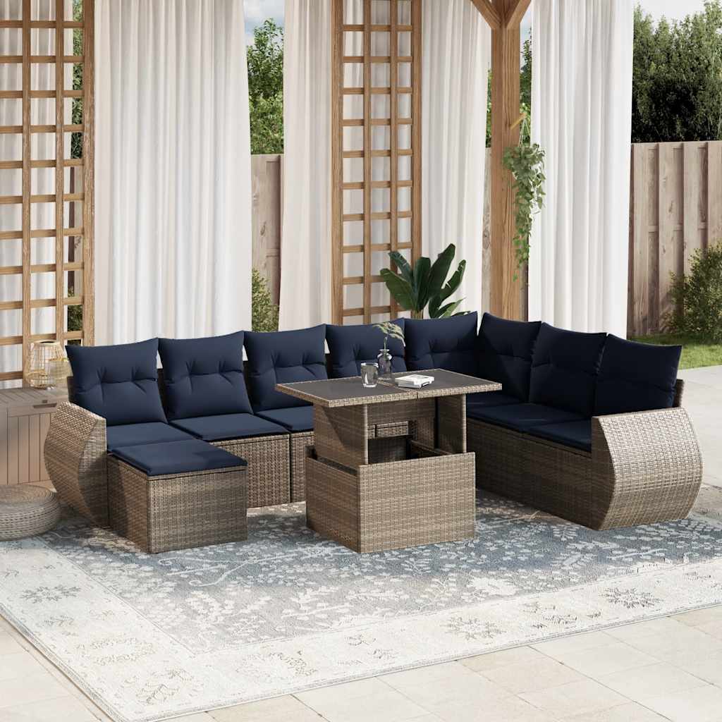 Havesofasæt i polyrattan - 9 dele med marineblå hynder, grå