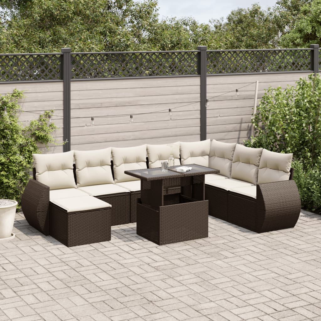 9-tlg. Garten-Sofagarnitur mit Kissen Braun Poly Rattan