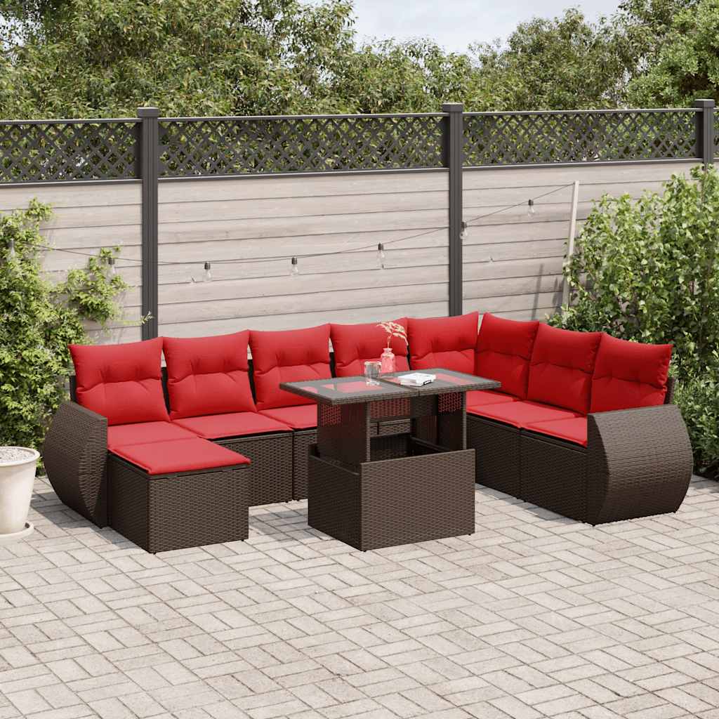vidaXL 9-teiliges Gartensofa-Set mit Kissen, braun, Polyrattan