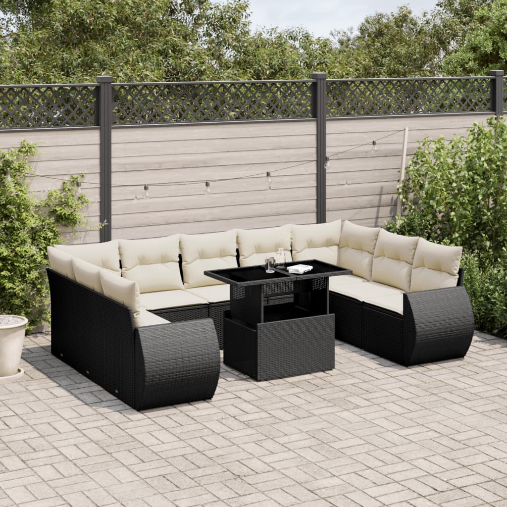 vidaXL 10-tlg. Garten-Sofagarnitur mit Kissen Schwarz Poly Rattan