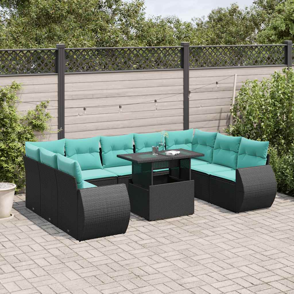 10 Piece Patio Sofa Set with Cushions Black Poly Rattan