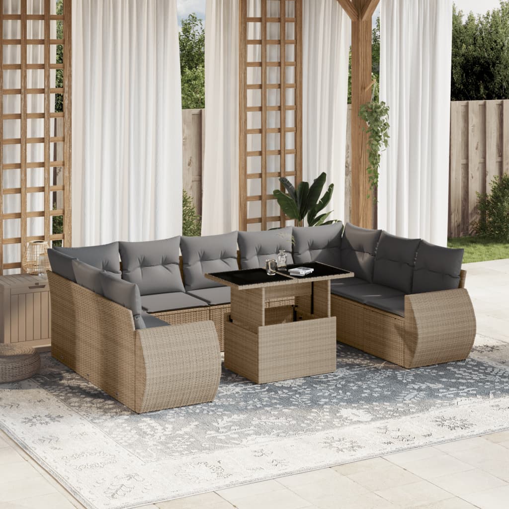 vidaXL 10-tlg. Garten-Sofagarnitur mit Kissen Beige Poly Rattan