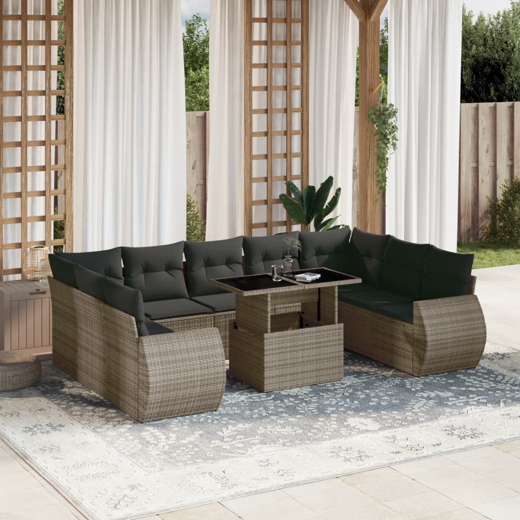 vidaXL 10-tlg. Garten-Sofagarnitur mit Kissen Grau Poly Rattan