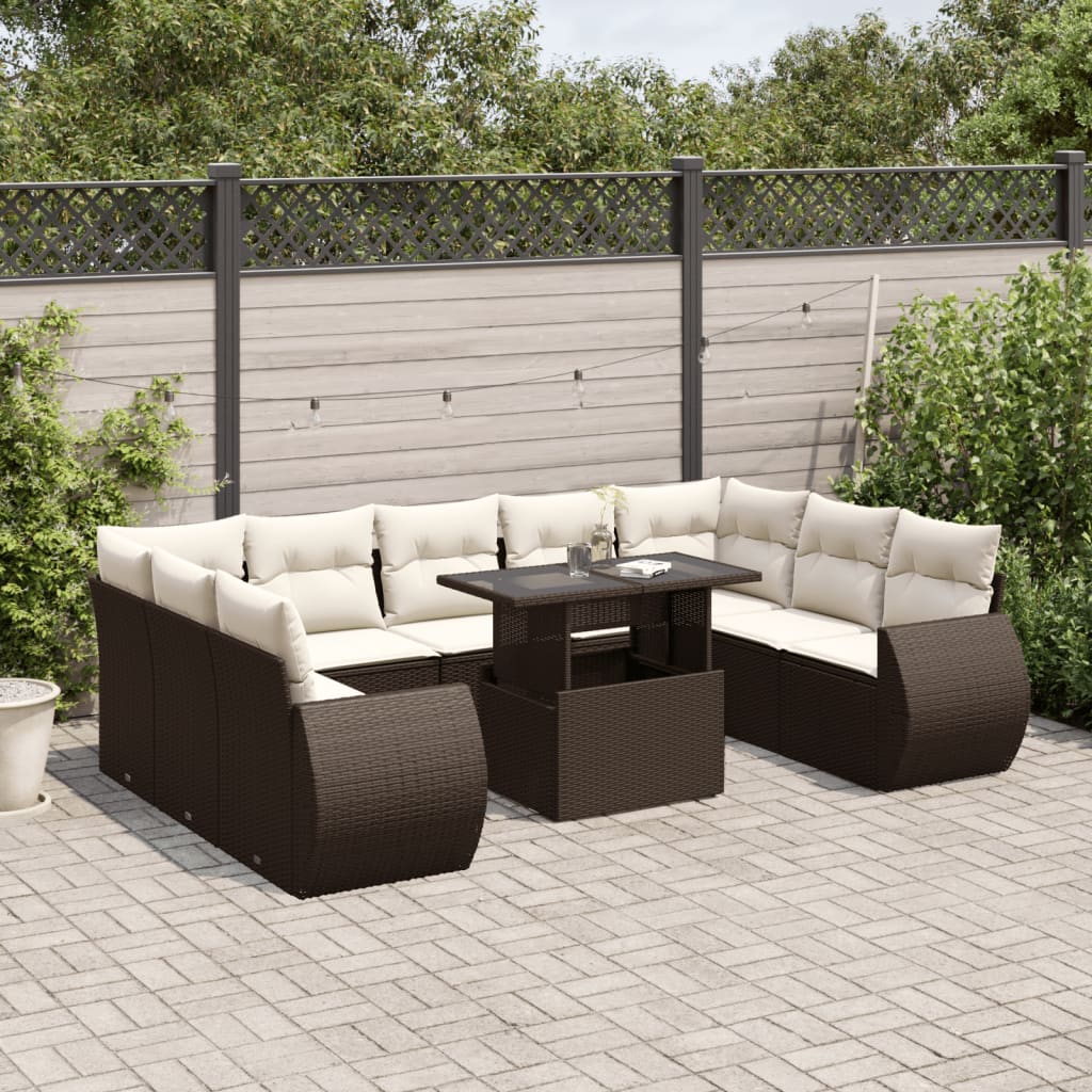 10-tlg. Garten-Sofagarnitur mit Kissen Braun Poly Rattan