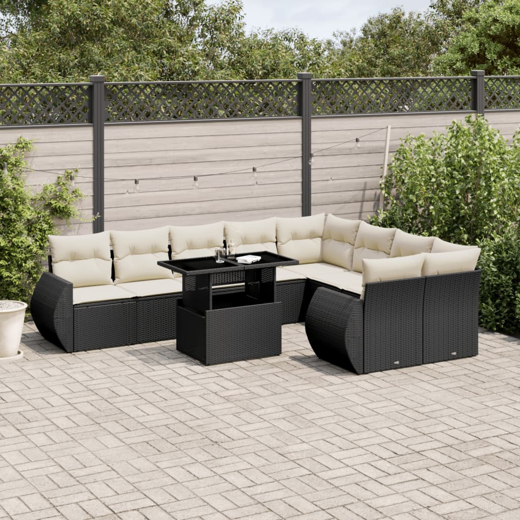 vidaXL 10-tlg. Garten-Sofagarnitur mit Kissen Schwarz Poly Rattan