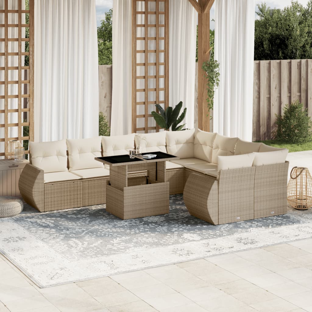 vidaXL 10-tlg. Garten-Sofagarnitur mit Kissen Beige Poly Rattan