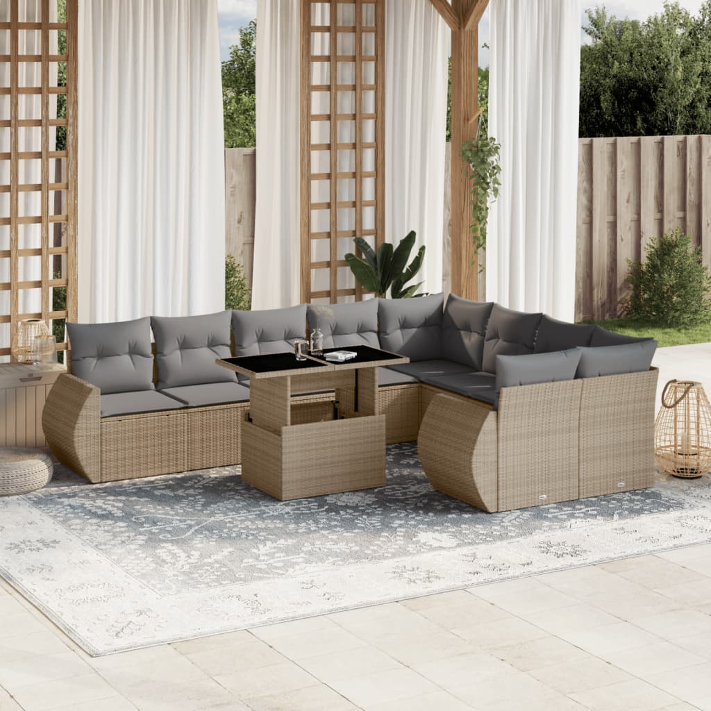 vidaXL 10-tlg. Garten-Sofagarnitur mit Kissen Beige Poly Rattan