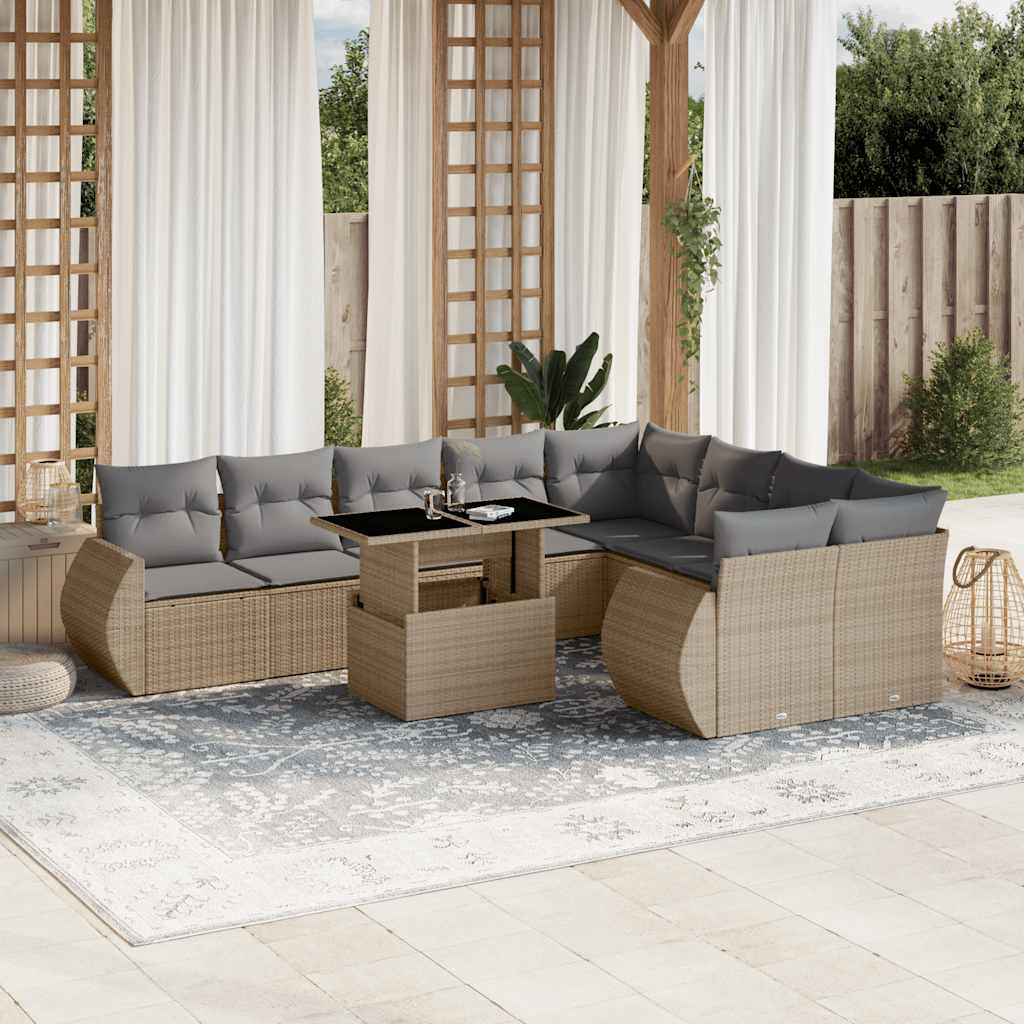 vidaXL 10-tlg. Garten-Sofagarnitur mit Kissen Beige Poly Rattan