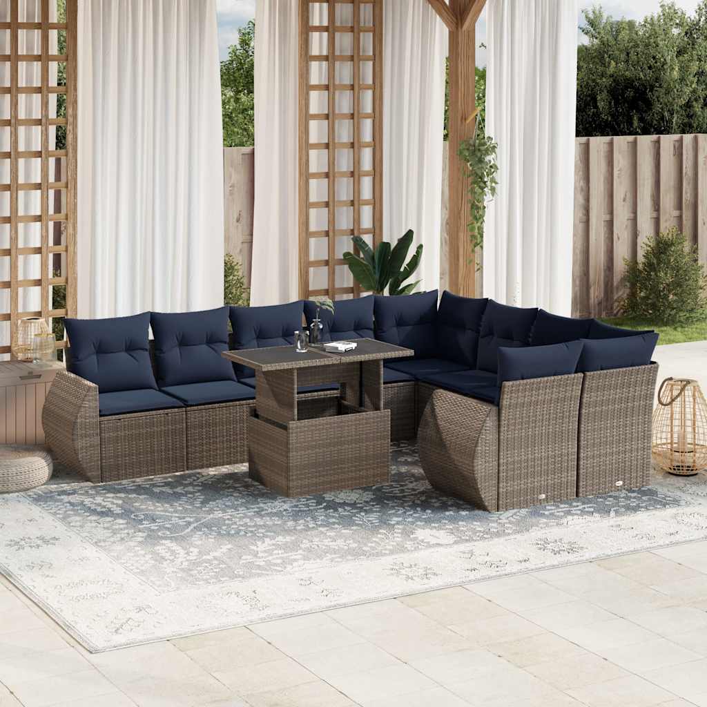 vidaXL 10-teiliges Gartensofa-Set mit Kissen, grau, Polyrattan