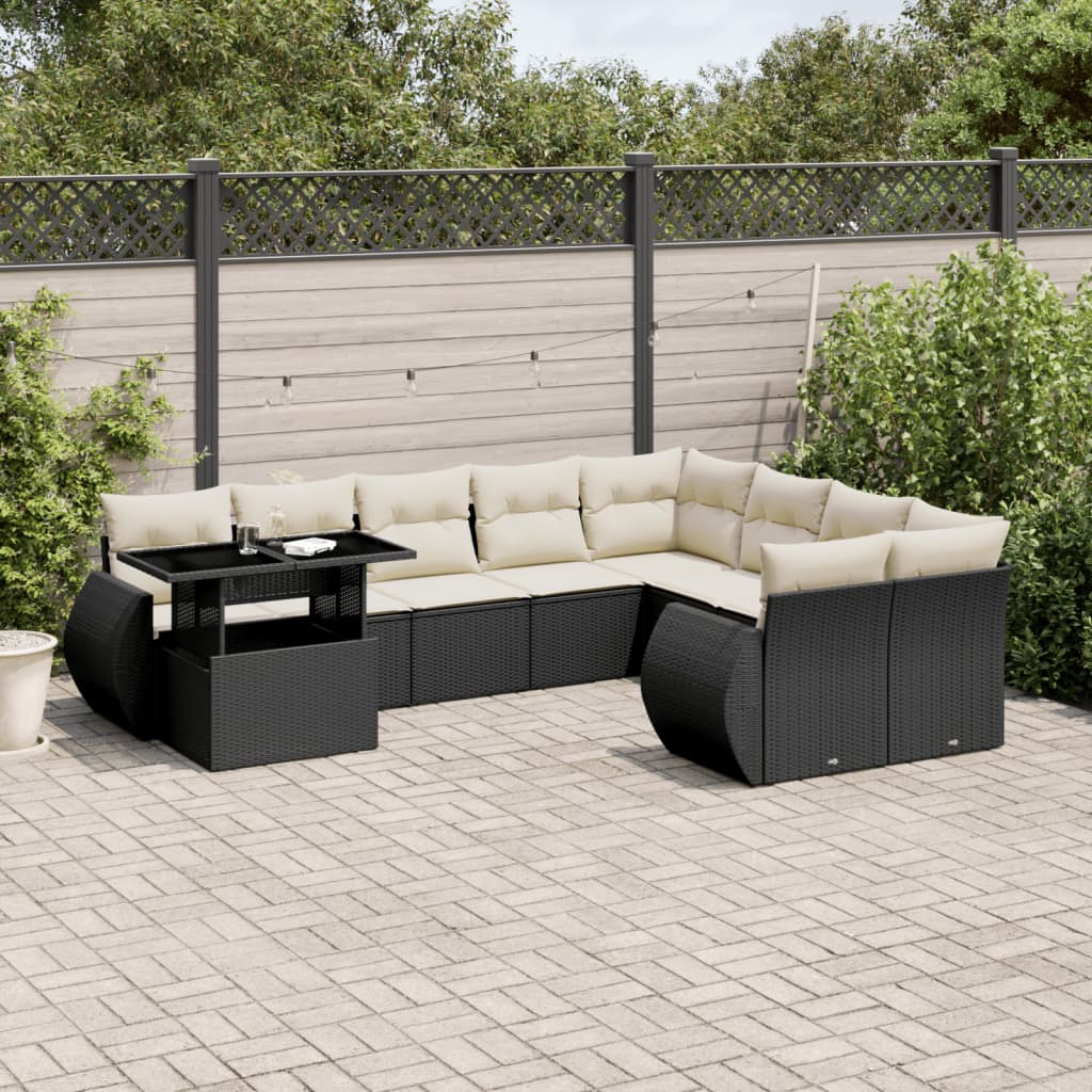 vidaXL 10-tlg. Garten-Sofagarnitur mit Kissen Schwarz Poly Rattan