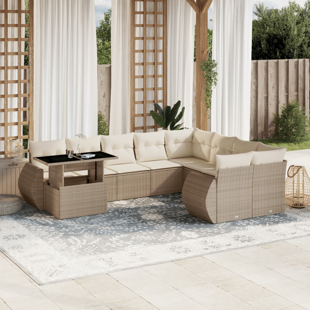 vidaXL 10-tlg. Garten-Sofagarnitur mit Kissen Beige Poly Rattan