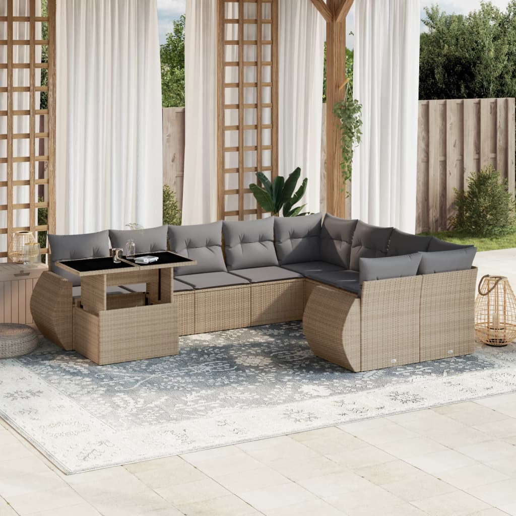 vidaXL 10-tlg. Garten-Sofagarnitur mit Kissen Beige Poly Rattan