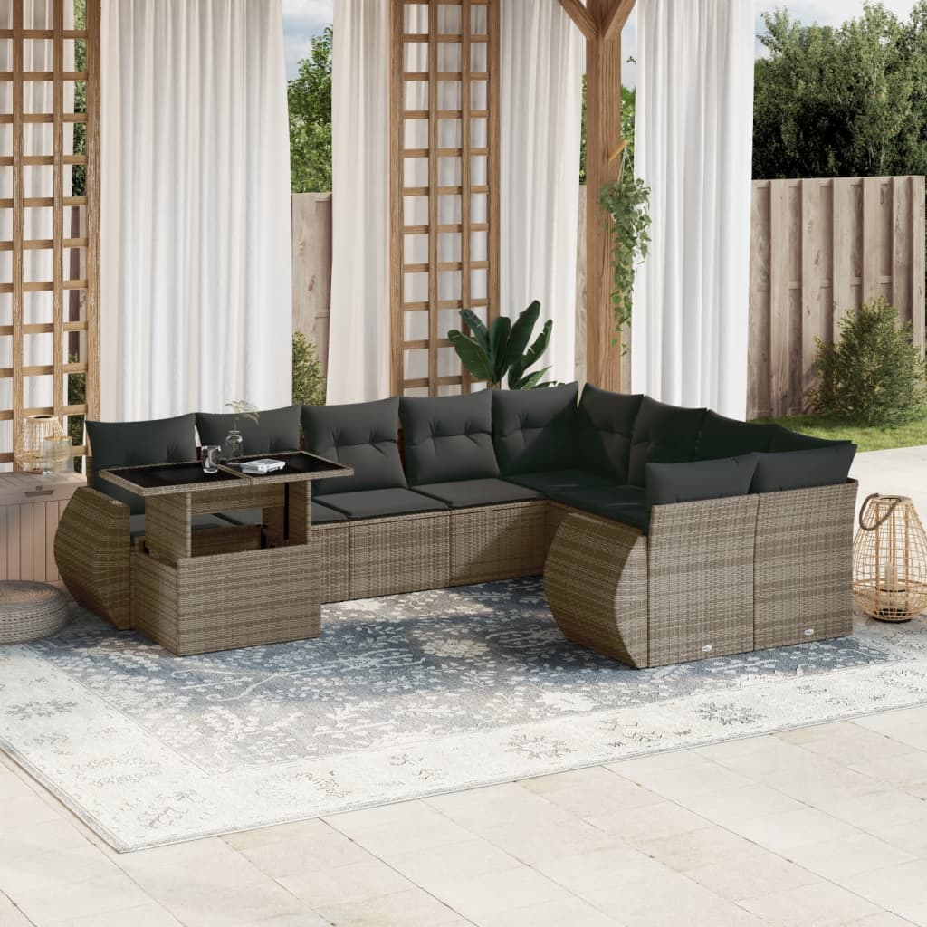 vidaXL 10-tlg. Garten-Sofagarnitur mit Kissen Grau Poly Rattan