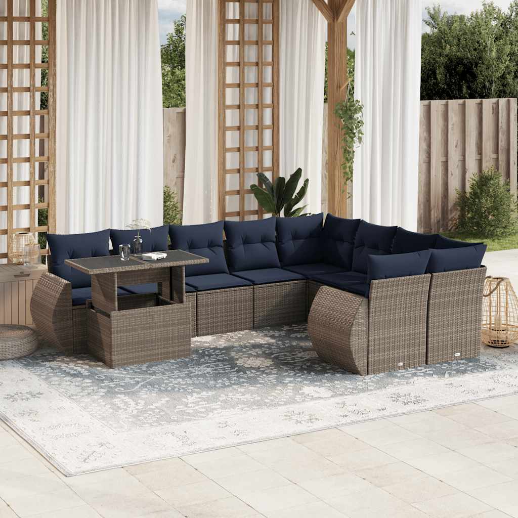 Havesofasæt i grå polyrattan med hæve/sænk-bord - 10 dele inkl. marineblå hynder