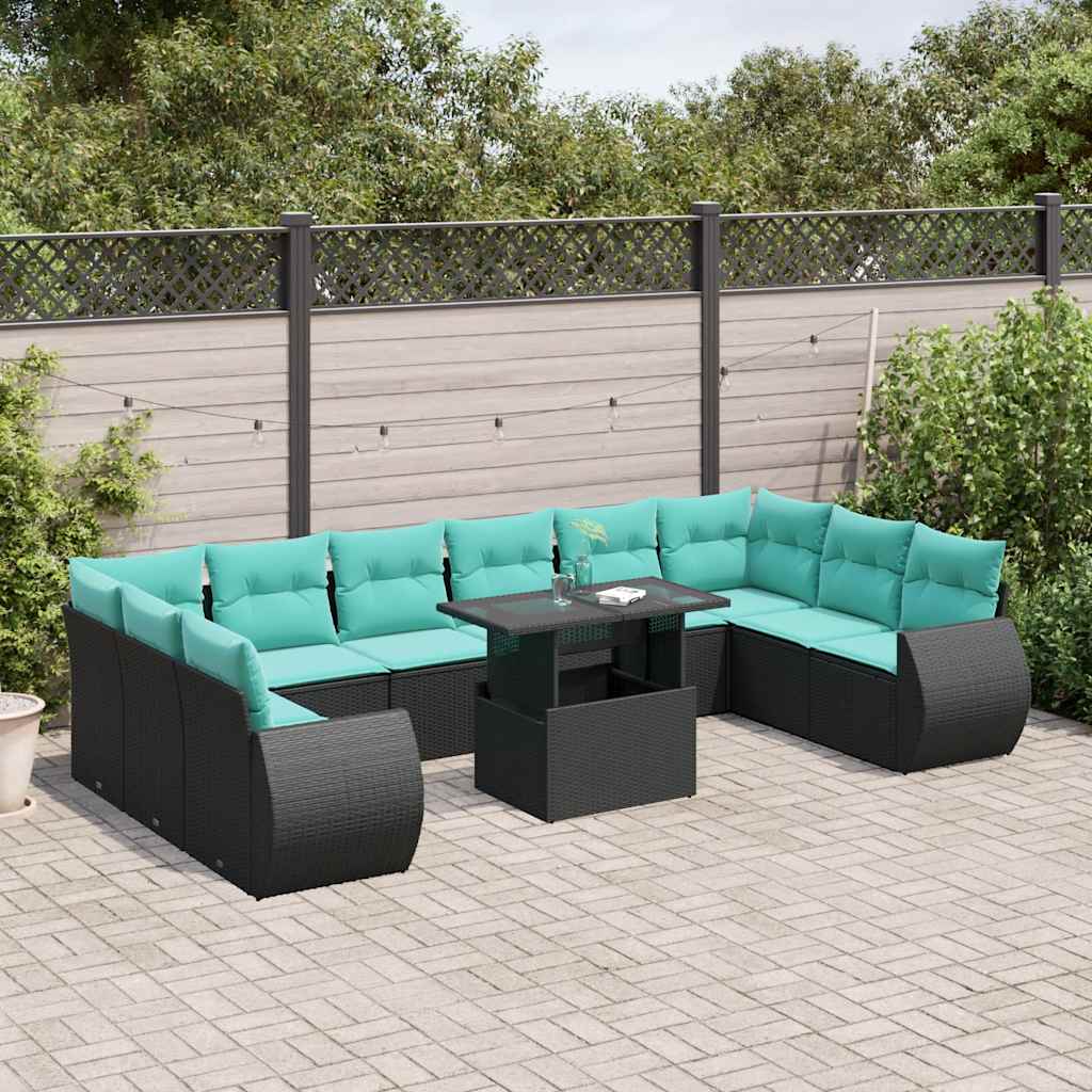 11 Piece Patio Sofa Set with Cushions Black Poly Rattan