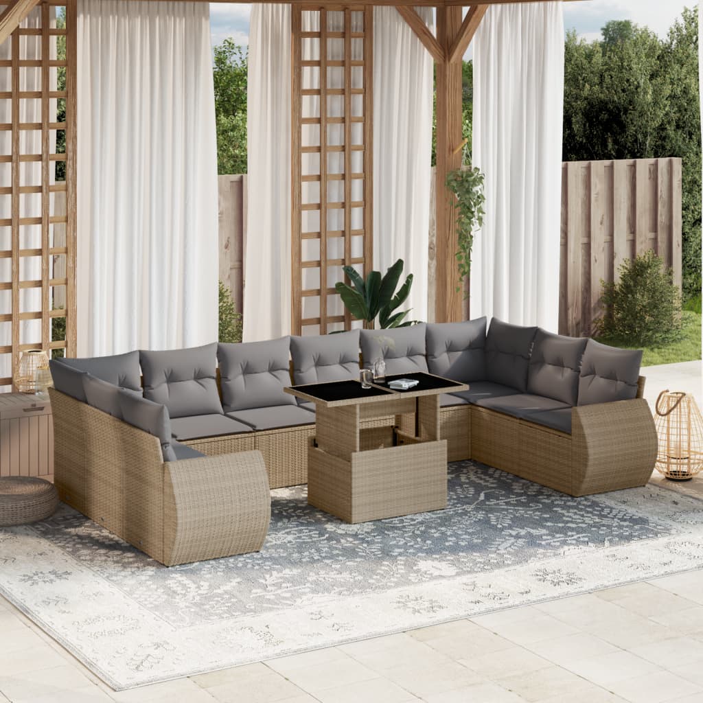 vidaXL 11-tlg. Garten-Sofagarnitur mit Kissen Beige Poly Rattan