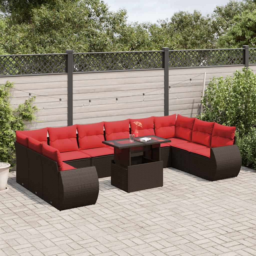vidaXL 11-teiliges Gartensofa-Set mit Kissen, braun, Polyrattan
