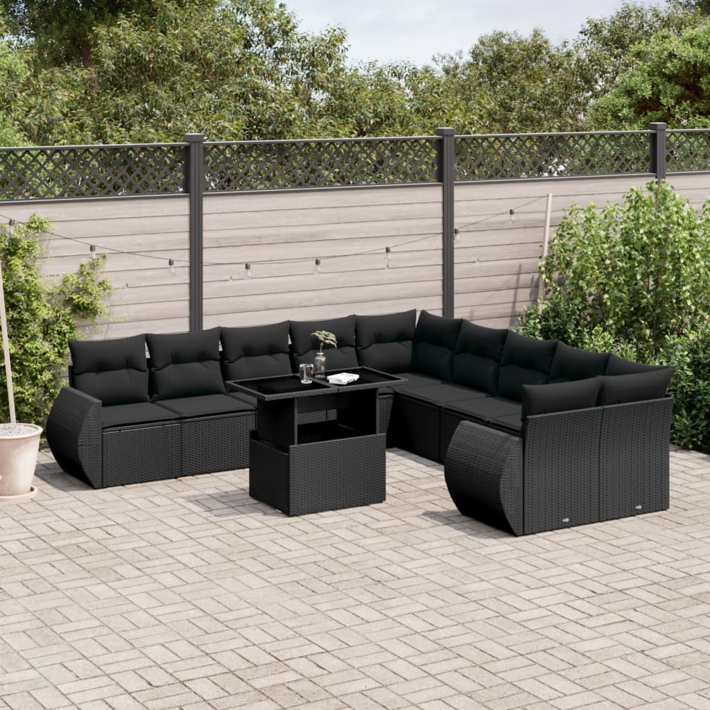 vidaXL 11-tlg. Garten-Sofagarnitur mit Kissen Schwarz Poly Rattan