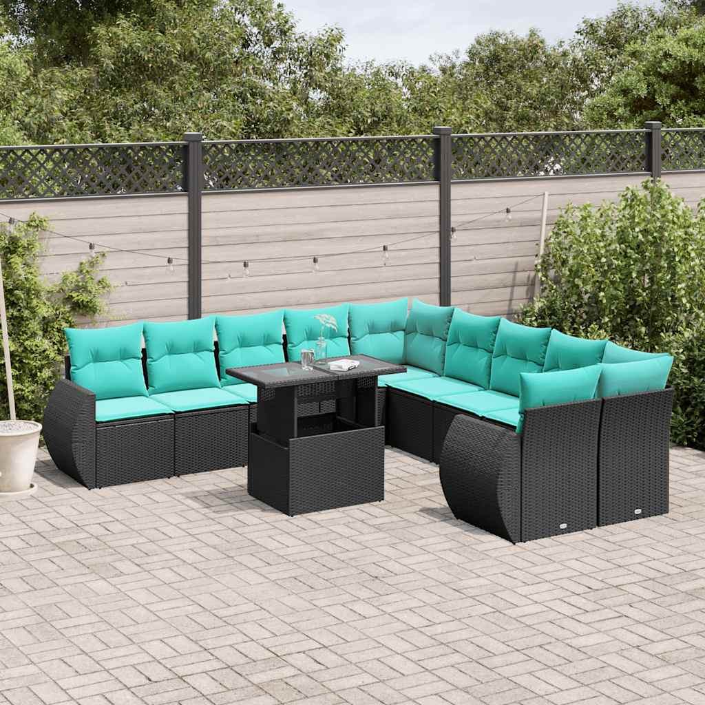 11-delige tuinbankset met kussens, zwart polyrotan – afbeelding 1