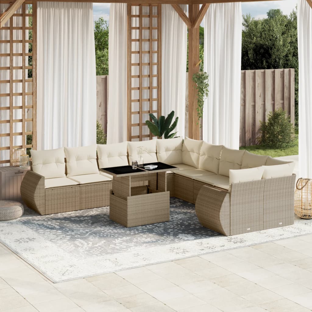 11-tlg. Garten-Sofagarnitur mit Kissen Beige Poly Rattan