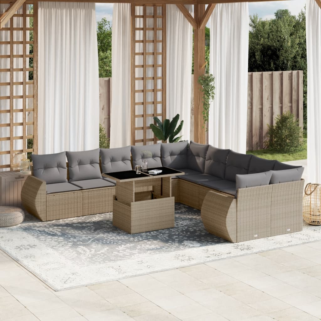 11-tlg. Garten-Sofagarnitur mit Kissen Beige Poly Rattan