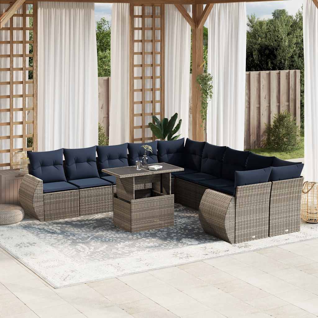 vidaXL 11-teiliges Gartensofa-Set mit Kissen, grau, Polyrattan