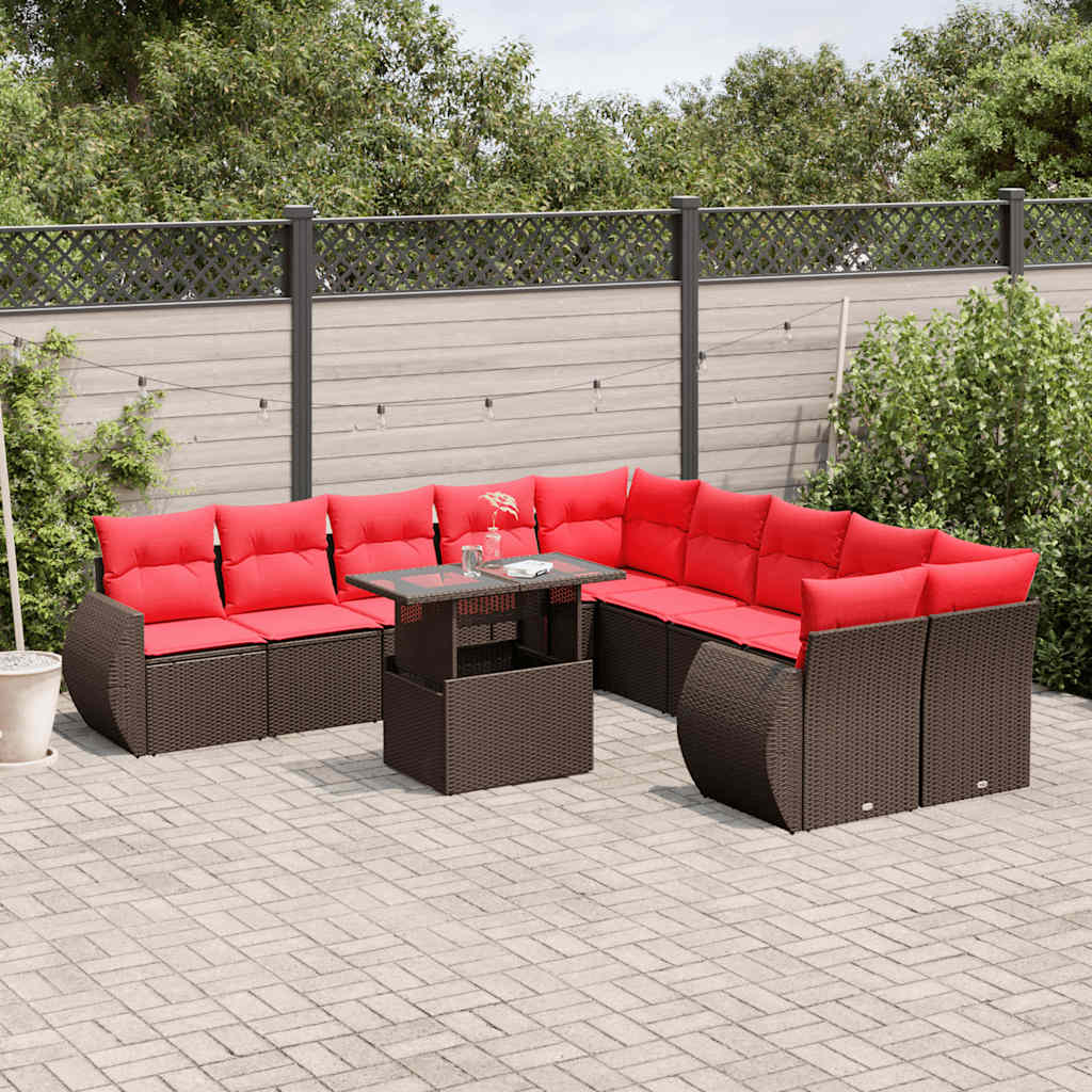 11 Piece Patio Sofa Set with Cushions Brown Poly Rattan