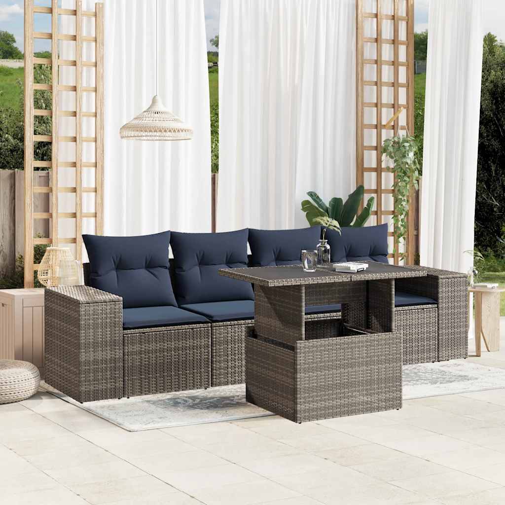 vidaXL 5-teiliges Gartensofa-Set mit Kissen, grau, Polyrattan