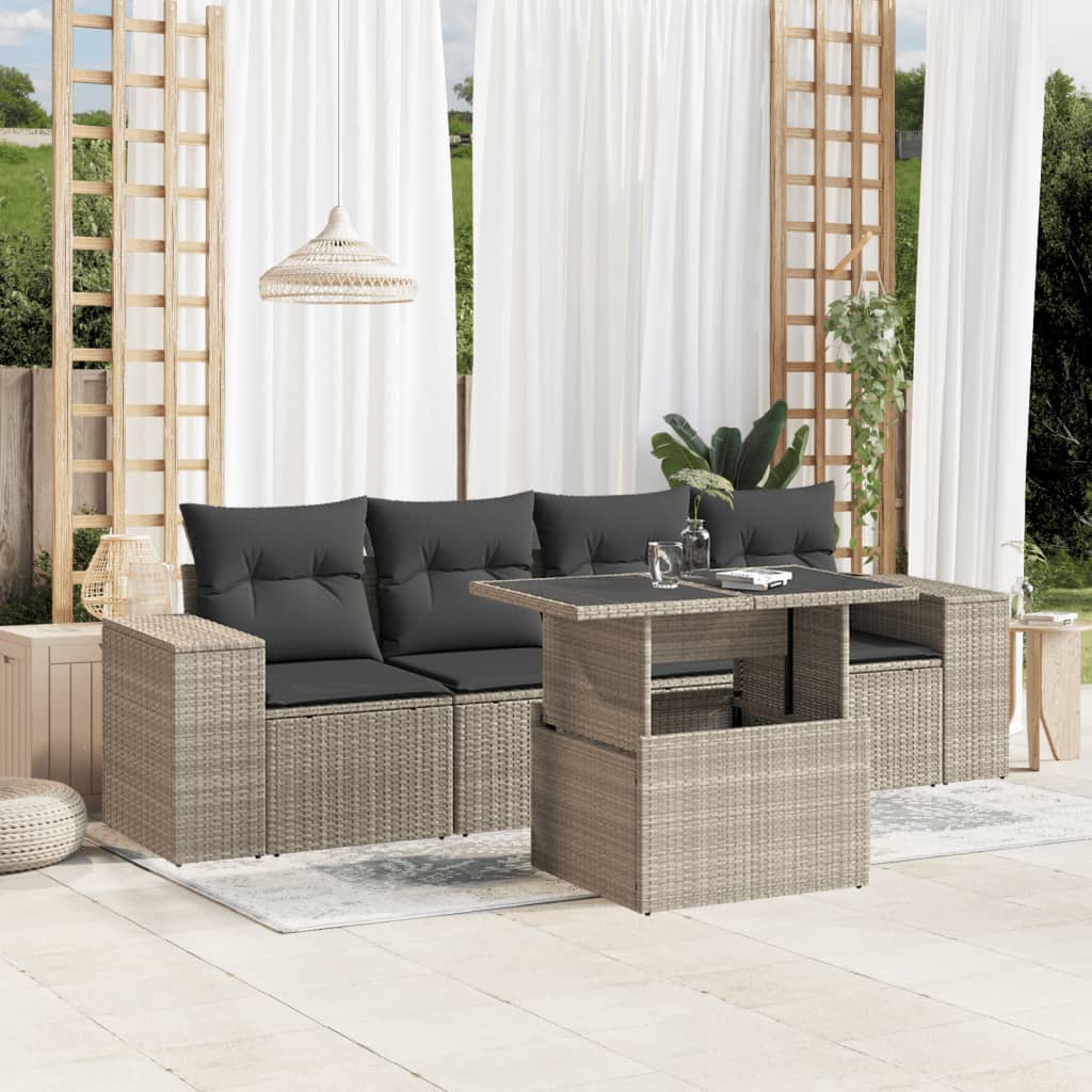 5-tlg. Garten-Sofagarnitur mit Kissen Hellgrau Poly Rattan