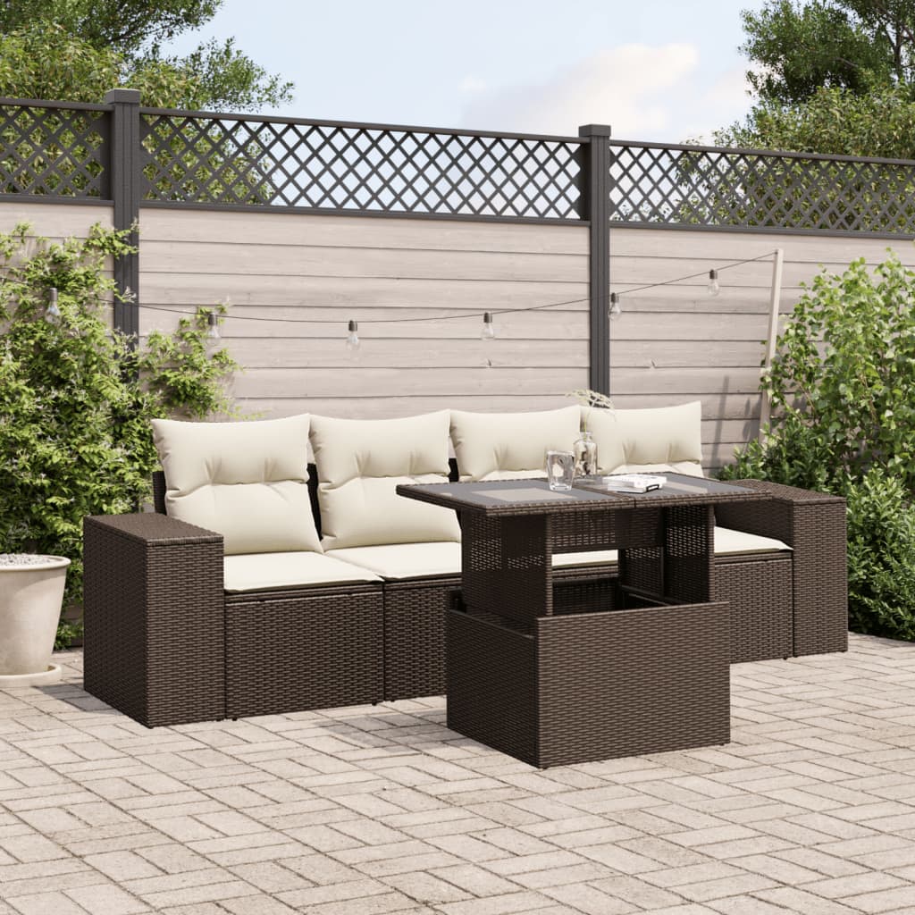 5-tlg. Garten-Sofagarnitur mit Kissen Braun Poly Rattan