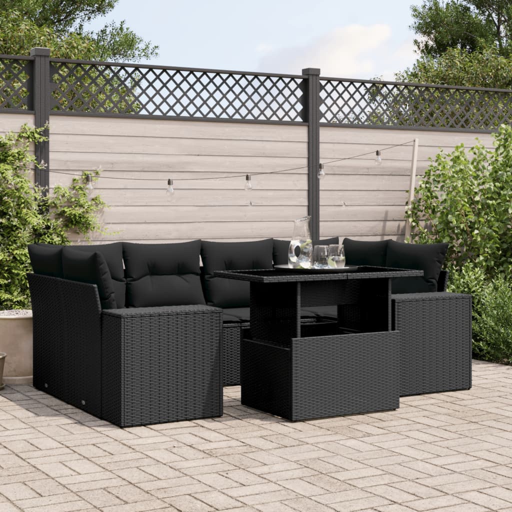 vidaXL 7-tlg. Garten-Sofagarnitur mit Kissen Schwarz Poly Rattan