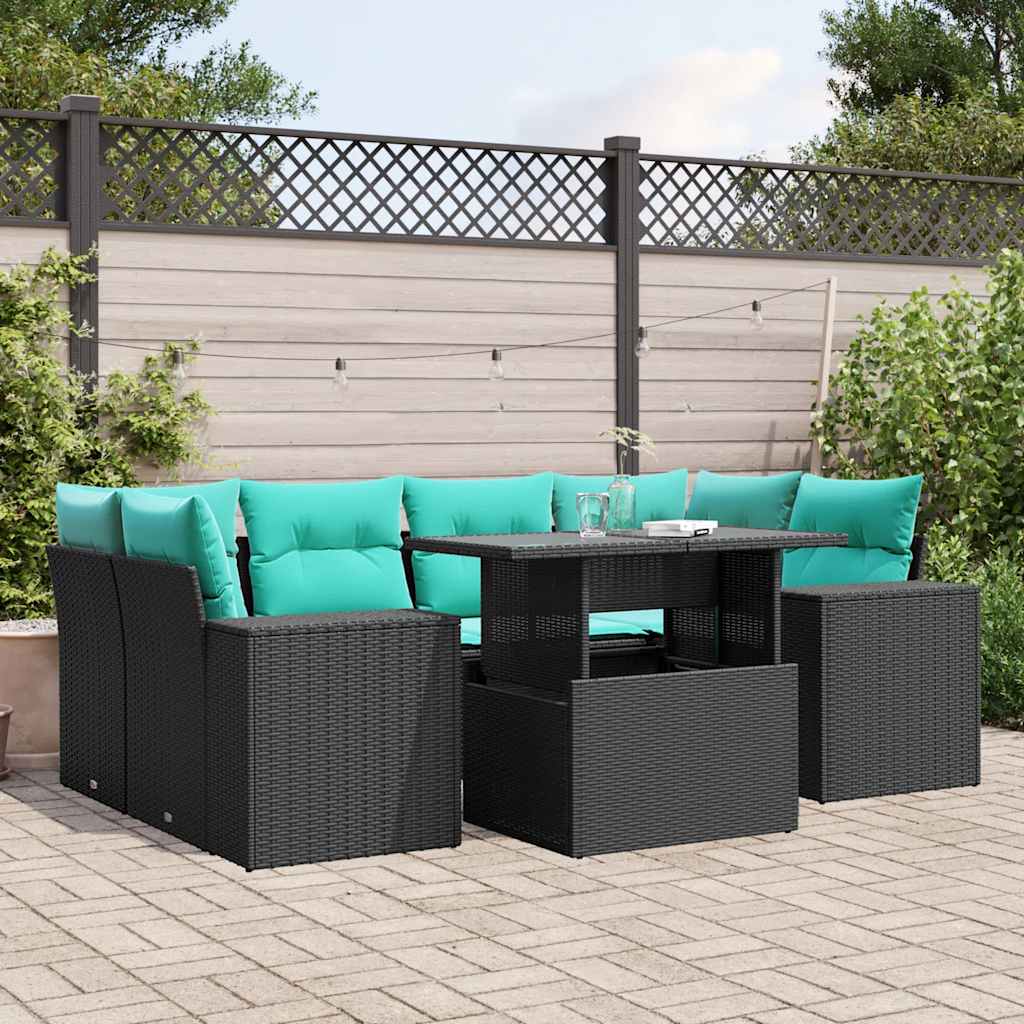 vidaXL 7-teiliges Gartensofa-Set mit Kissen, schwarzes Polyrattan