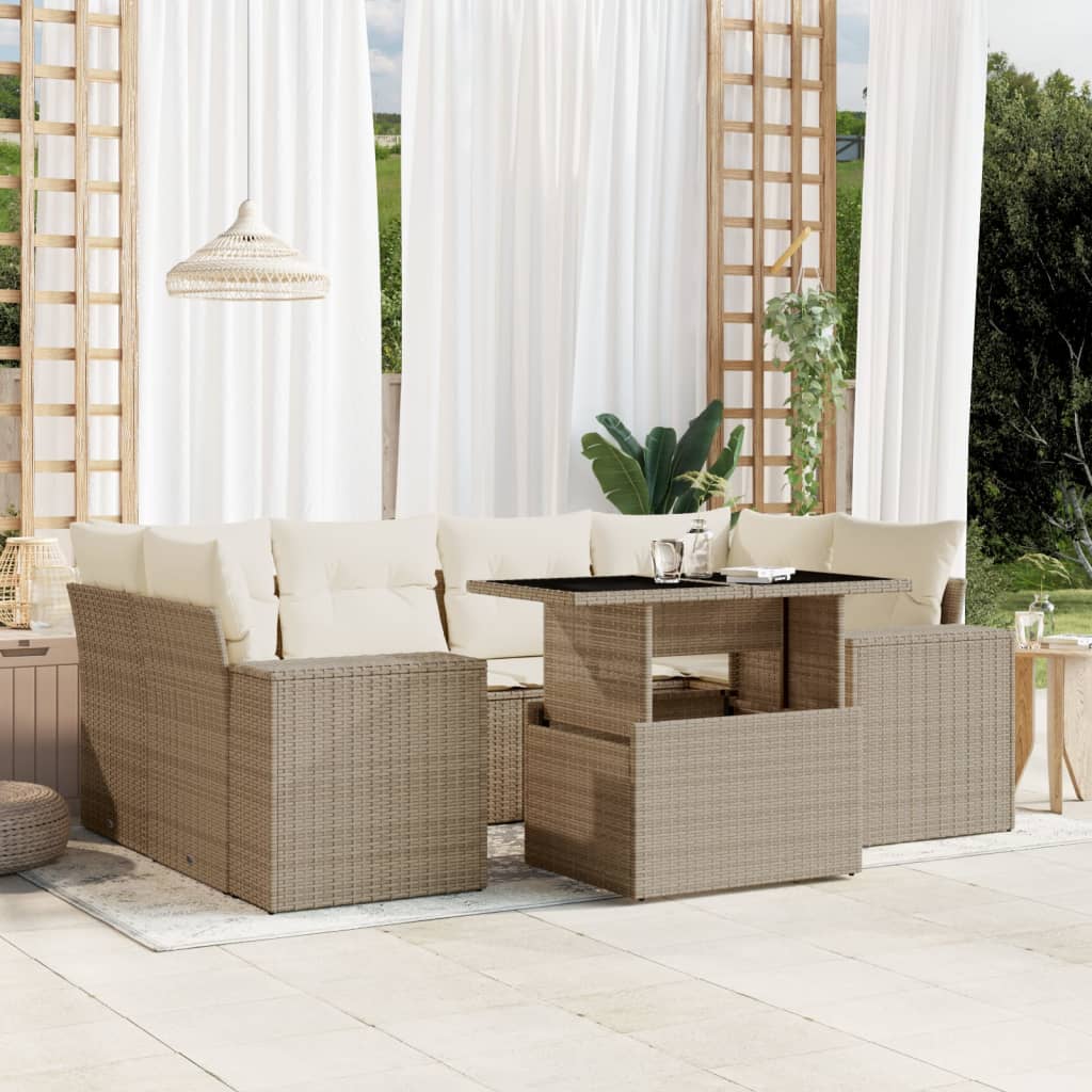 vidaXL 7-tlg. Garten-Sofagarnitur mit Kissen Beige Poly Rattan