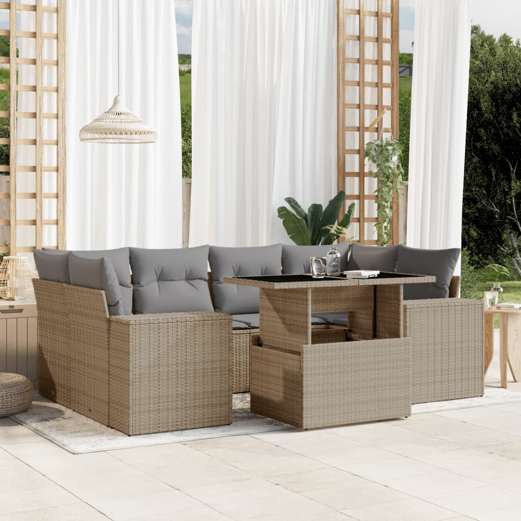 vidaXL 7-tlg. Garten-Sofagarnitur mit Kissen Beige Poly Rattan