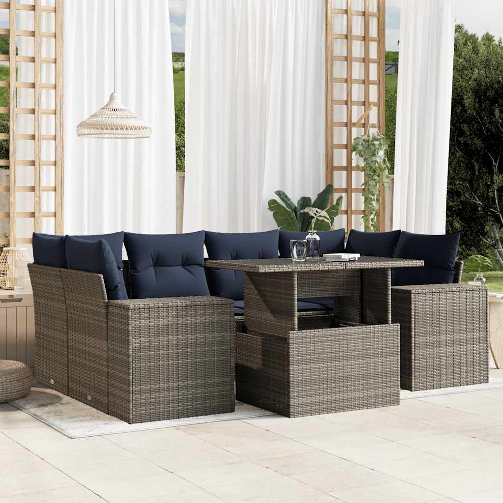 7 Piece Patio Sofa Set with Cushions Gray Poly Rattan