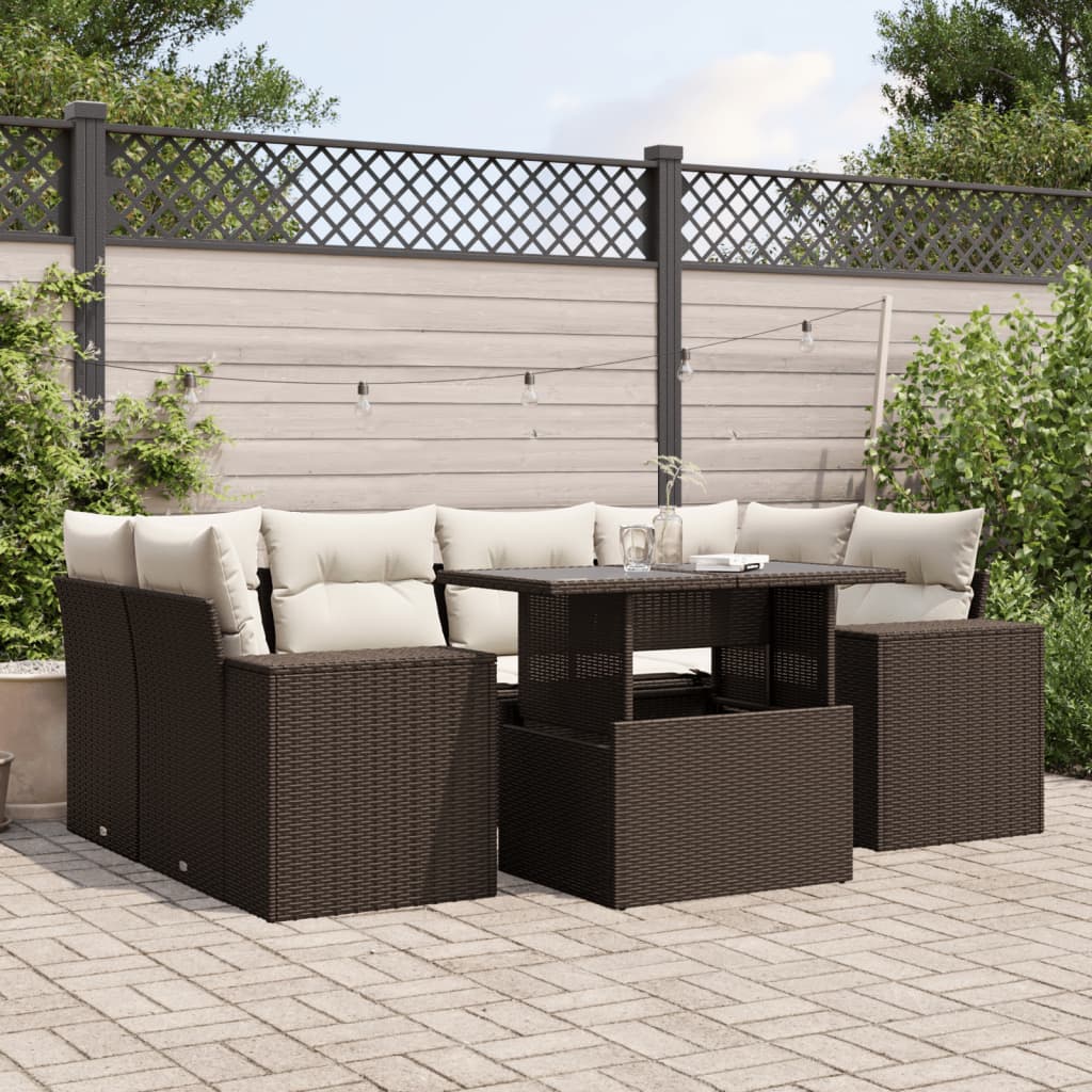 7-tlg. Garten-Sofagarnitur mit Kissen Braun Poly Rattan