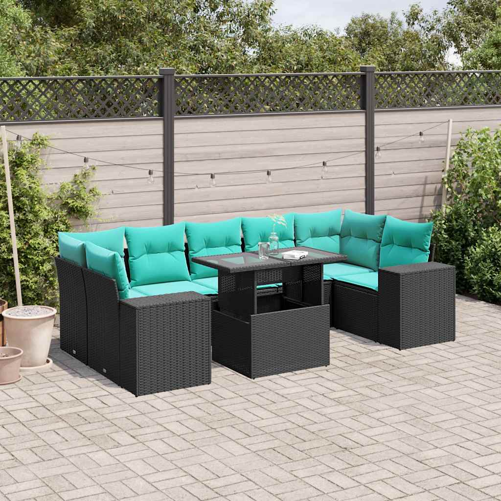 8 Piece Patio Sofa Set with Cushions Black Poly Rattan