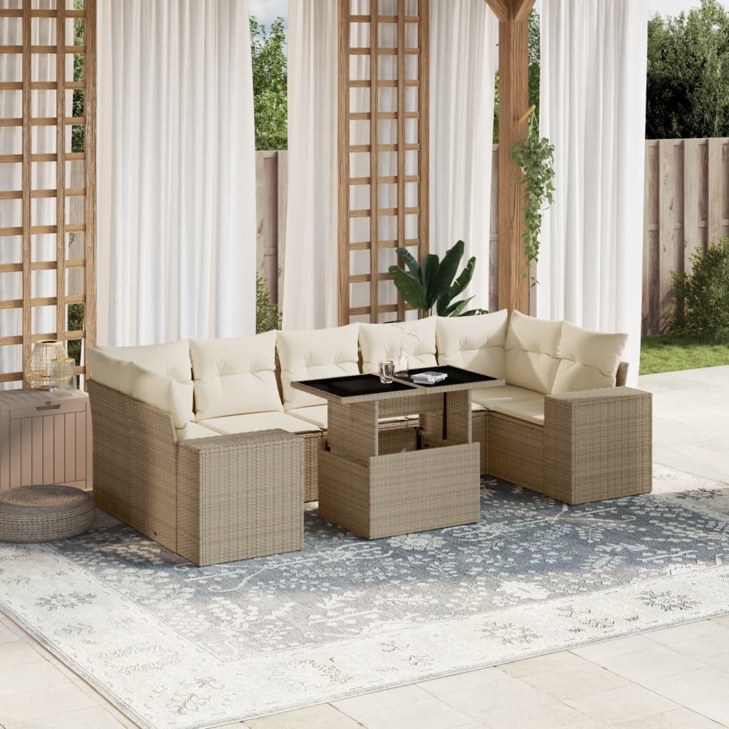 vidaXL 8-tlg. Garten-Sofagarnitur mit Kissen Beige Poly Rattan