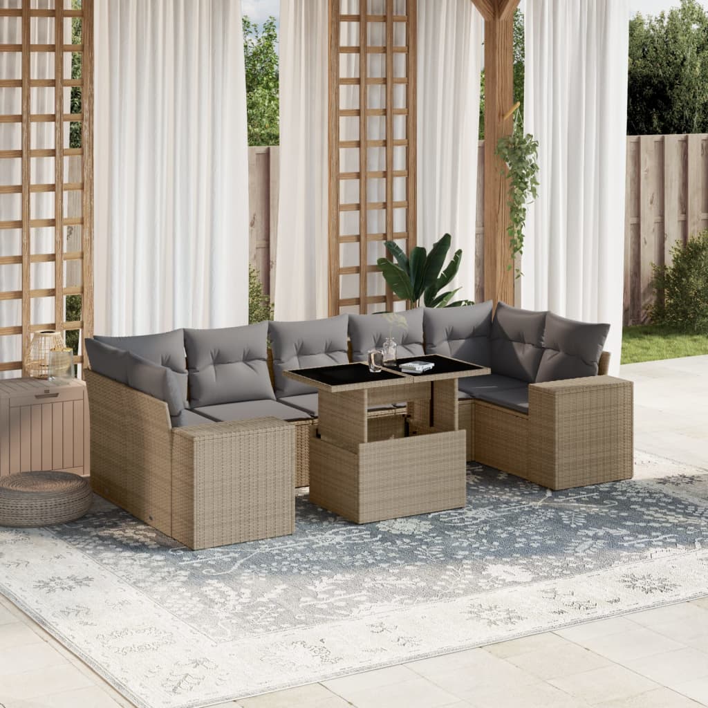 vidaXL 8-tlg. Garten-Sofagarnitur mit Kissen Beige Poly Rattan